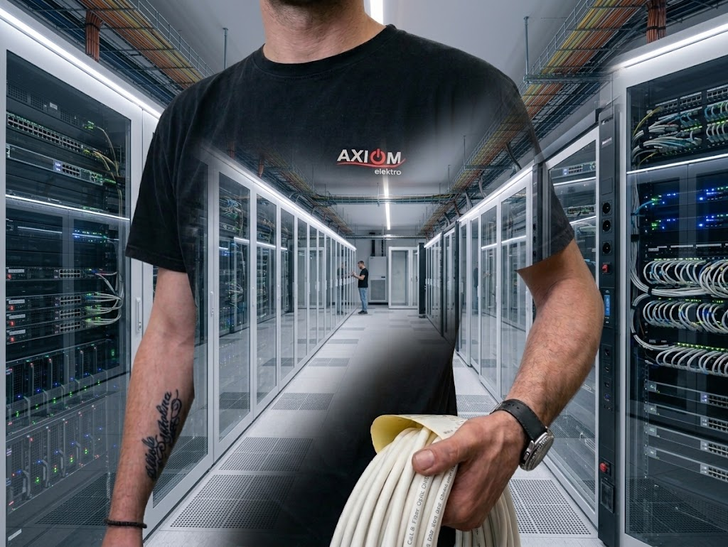 Techniker der Axiom Elektro AG mit Kabelrolle in einem Serverraum